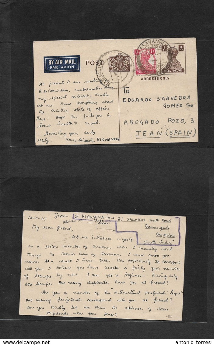 India. 1947 (14 Nov) Basavangudi - Spain, Jaen (deep South Spain High Hills) 4c Brown Stat Card + Adtl On Airmail Usge.  - Andere & Zonder Classificatie