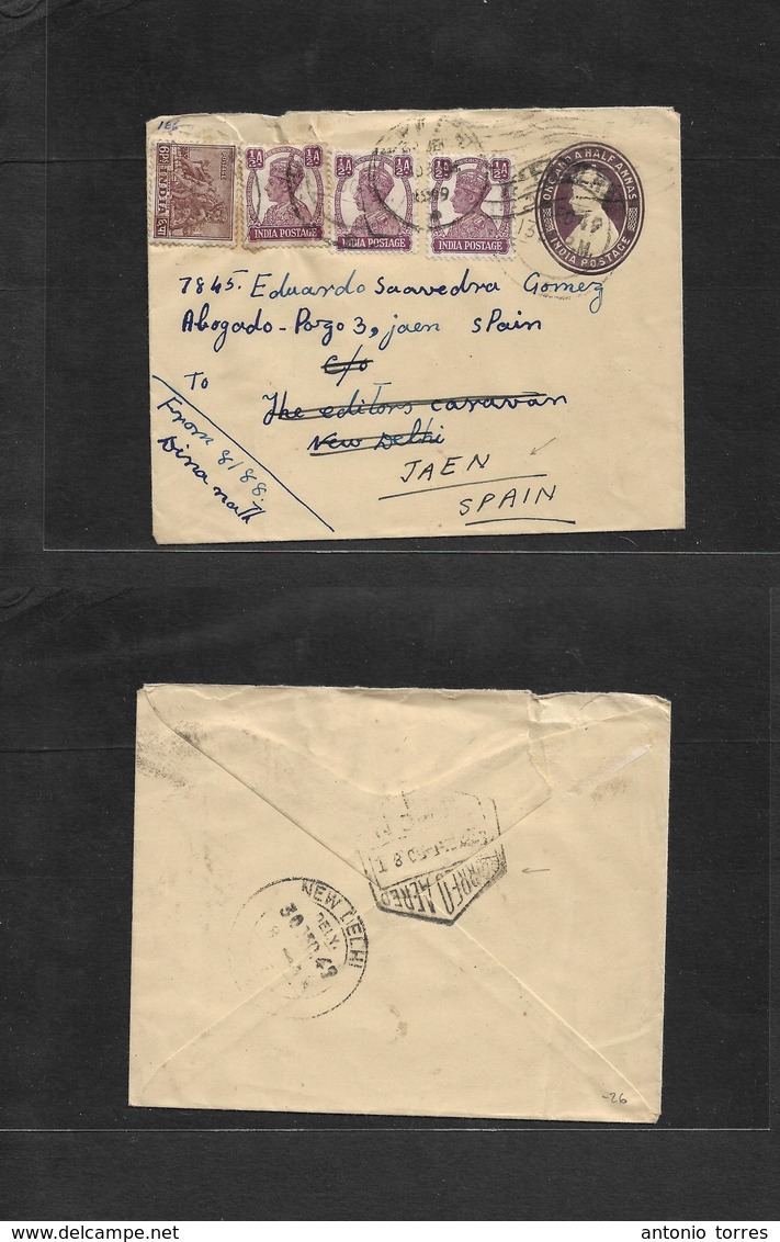 India. 1949 (26 Dec) Fazilka - Spain, Jaen (22-1-50) 1 1/2a Lilac Stat Env + 4 Adtls, On Air Mail Usage. Rare Destinatio - Autres & Non Classés