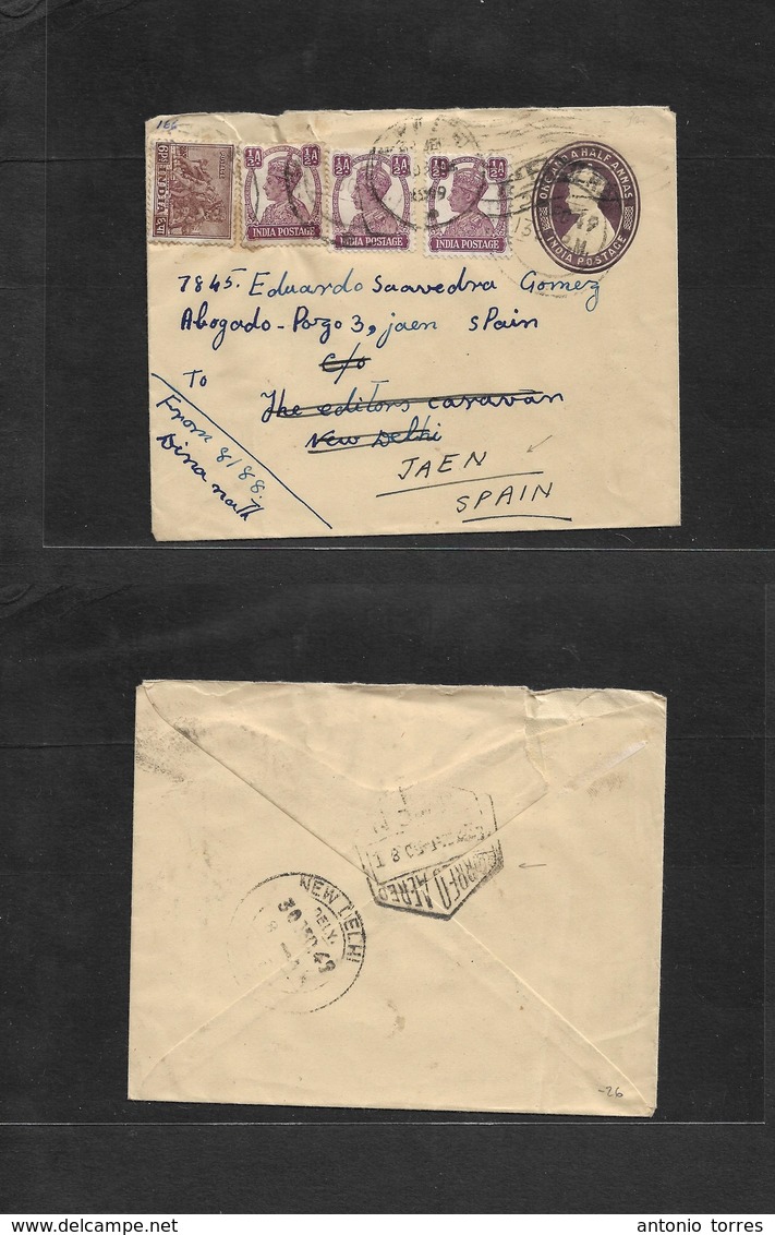 India. 1949 (26 Dec) Fazilka - Spain, Jaen (22-1-50) 1 1/2a Lilac Stat Env + 4 Adtls, On Air Mail Usage. Rare Destinatio - Andere & Zonder Classificatie