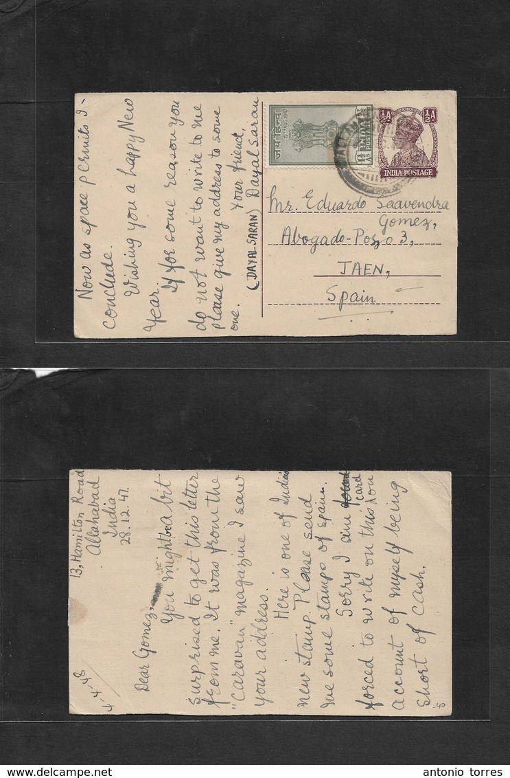India. 1947 (28 Dec) Allahabad - Spain, Jaen (deep South Inwards High Hills Town) 1/2 Anna Lilac + Adtl Stat Card. Rare  - Andere & Zonder Classificatie