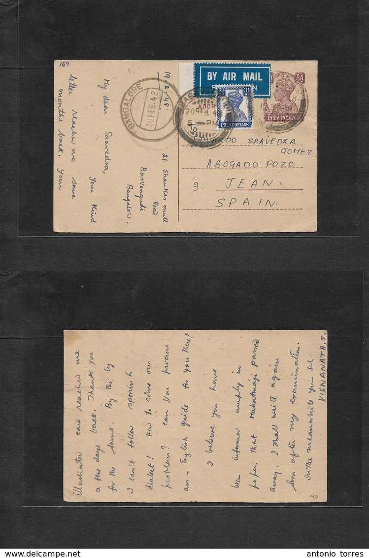 India. 1948 (20 Feb) Basvangudi, Bangolore - Spain, Jaen 1/2a Lilac Stat Card + Adtl On Ai Usage. Rare Destination. VF. - Andere & Zonder Classificatie