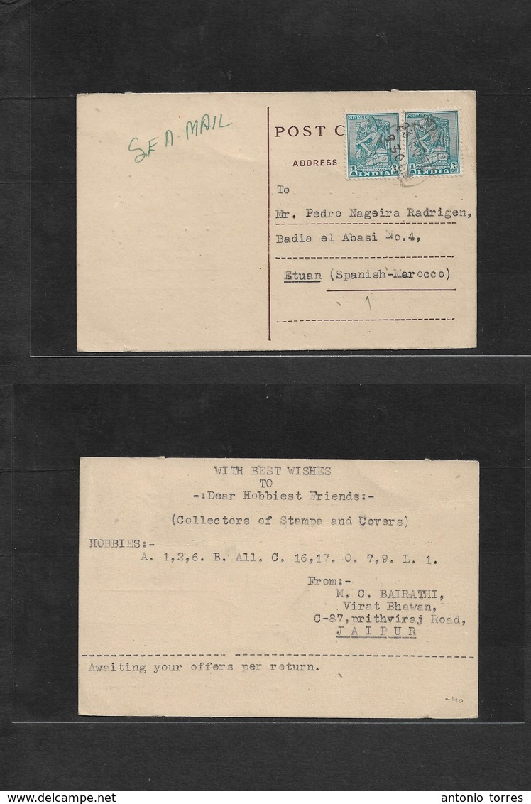 India. 1954 (23 Nov) Jaipur - Spanish Tetuan, Morrocco, Africa. Private Fkd Card, Sea Mail Route. Rarity Destination. VF - Andere & Zonder Classificatie