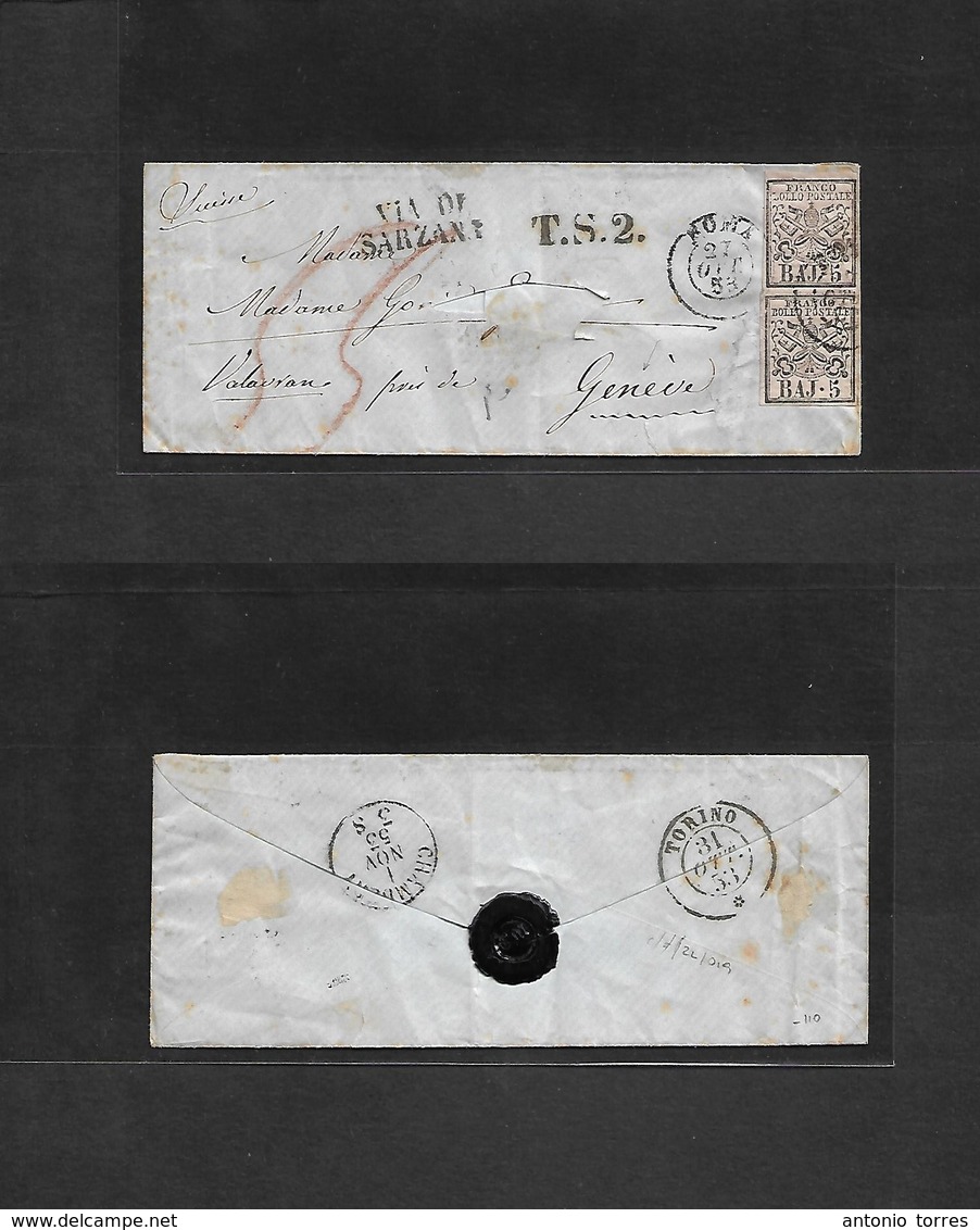 Italy Papal States. 1853 (27 Oct) Roma - Switzerland, Geneve (1 Nov) Fkd Env. 3 Baj Black / Rose Vert Pair Full Margins, - Unclassified