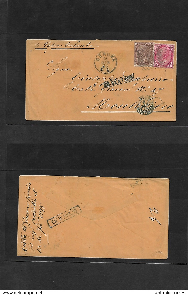 Italy. 1875 (10 Jan) Genova - Uruguay, Montevideo (9 Feb) Fkd Env 30c Brown + 40c Carmin Tied Grill, Cds + "10 Centimos" - Unclassified