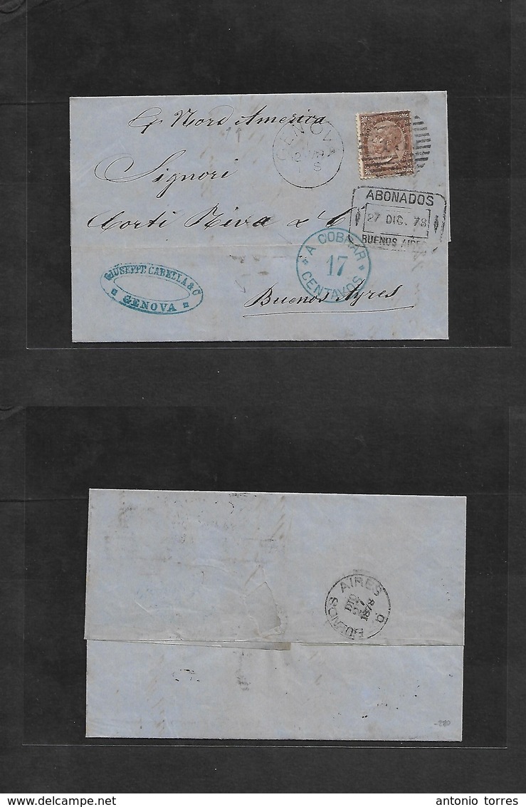 Italy. 1878 (30 Nov) Genova - Argentina, Buenos Aires (27 Dec) E. Fkd 30c Brown, Tied "13" Grill. Endorsed Per "Nord Ame - Non Classés