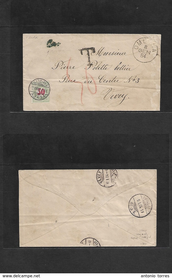 Italy. 1884 (8 Jan) Omegna - Switzerland, Vevey (10 Jan) Unfranked Kingdom Period Envelope + Taxed + Rare Early Swiss Po - Unclassified