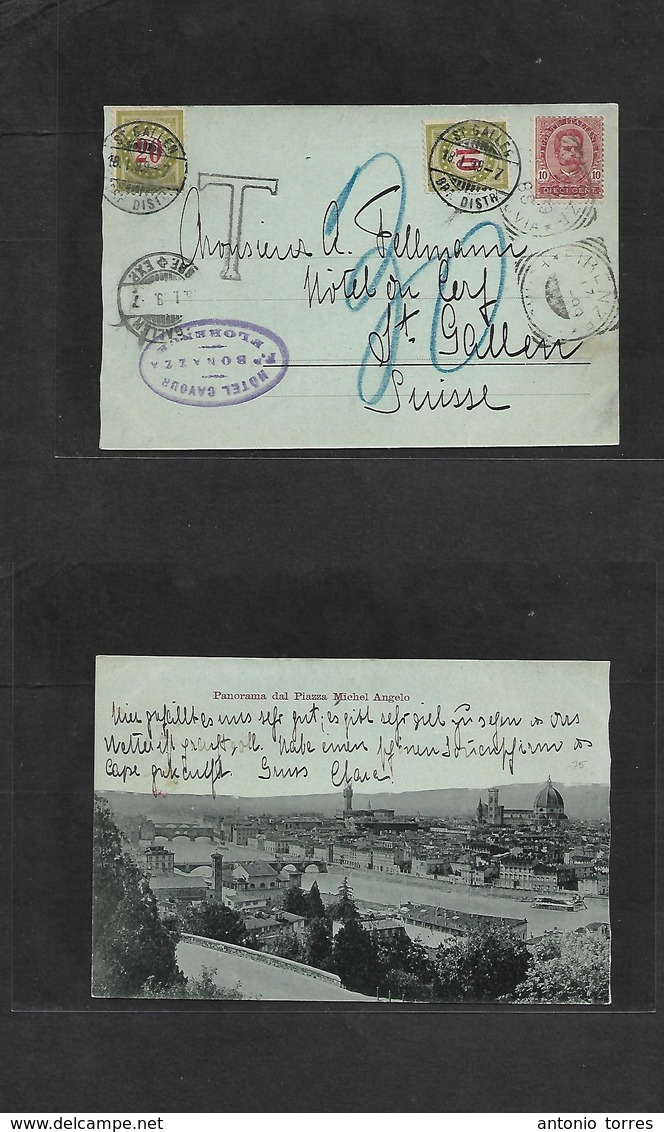 Italy. 1899 (17 Jan) Florence - Switzerland, St. Gallen (18 Jan) Fkd Ppc + Taxed (x2) Swiss P. Dues 10c + 20c, Tied And  - Unclassified