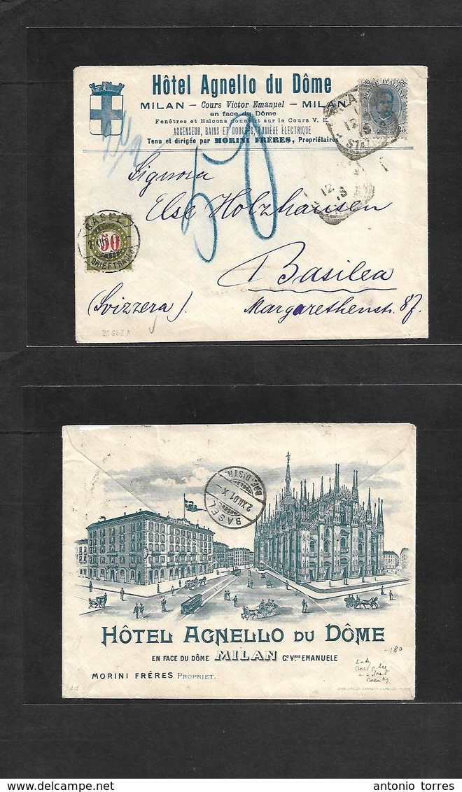 Italy. 1901 (1 Dec) Milano - Switzerland, Basel (2 Dec) Hotel Front And Reverse Illustrated Color Fkd Envelope, King Iss - Unclassified