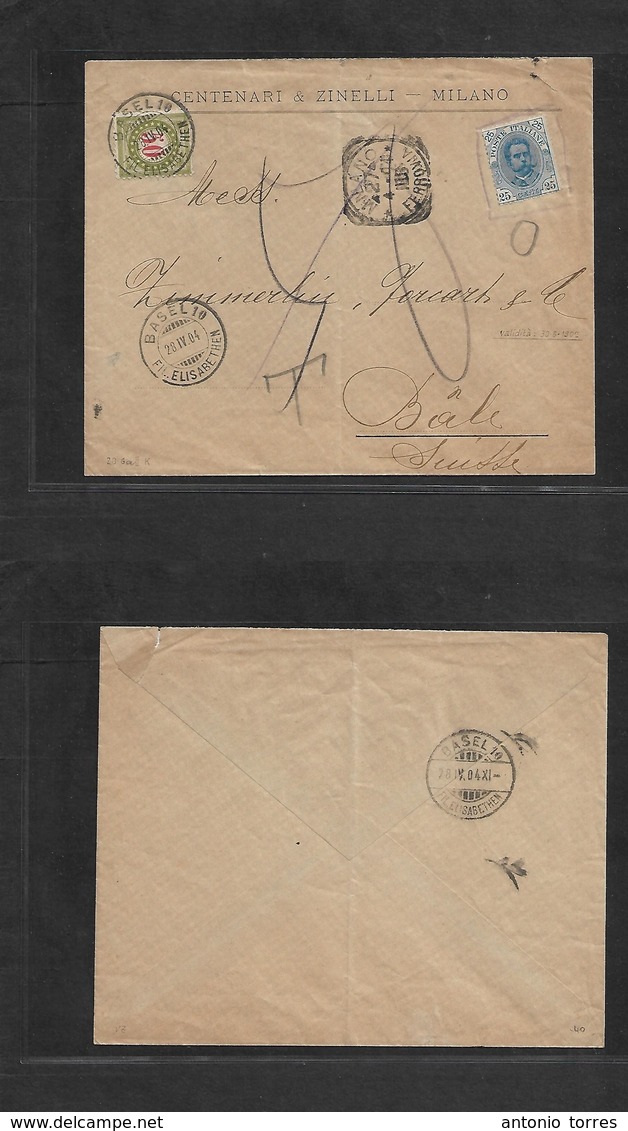 Italy. 1904 (27 Apr) Milano - Switzerland, Milano (28 Apr) Business Fkd King Issue, Invited For Postage. Taxed + Arrival - Non Classés