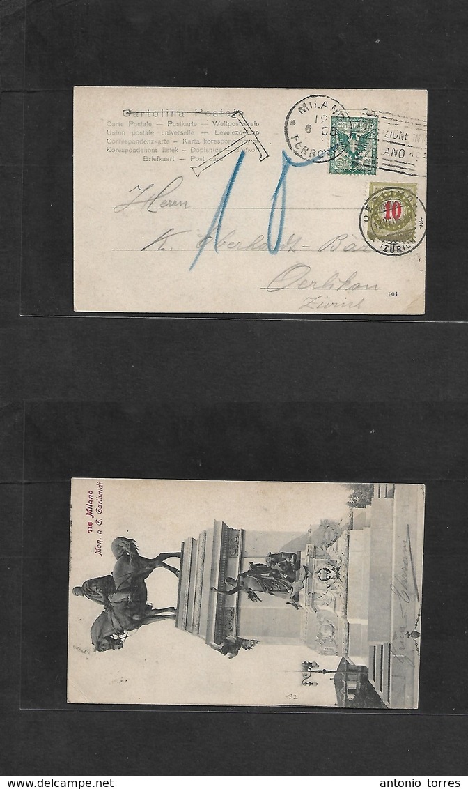 Italy. 1906 (6 June) Milano Station - Switzerland, Cerlikon (13 June). Fkd 5c Green Slogan Rolling Cachet + Taxed + Arri - Unclassified