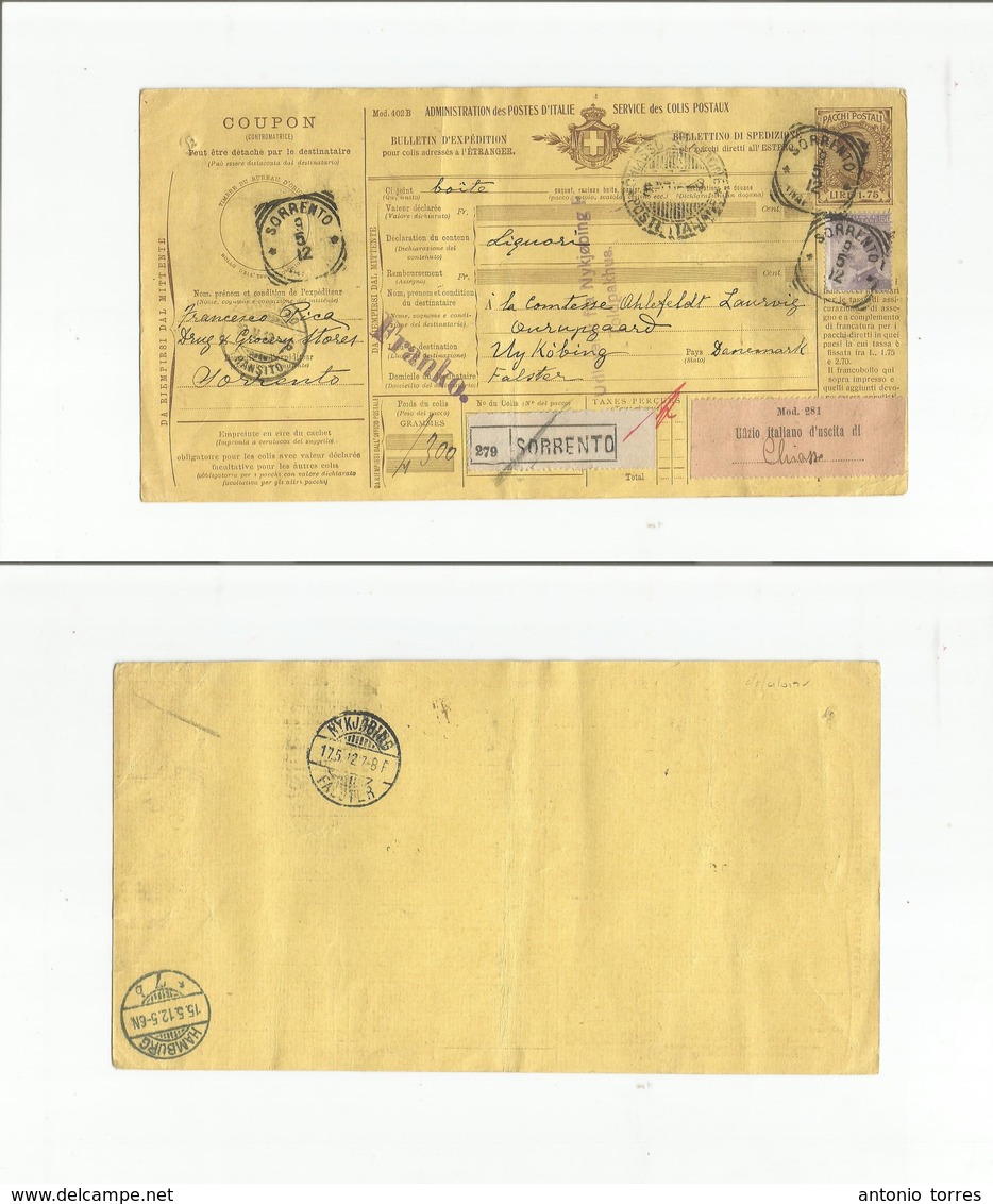 Italy - Xx. 1912 (9 May) Gorrento - Denmark, Nykobing (17 May) Postal Package Stationary Card + Adtl On Registered Usage - Non Classés