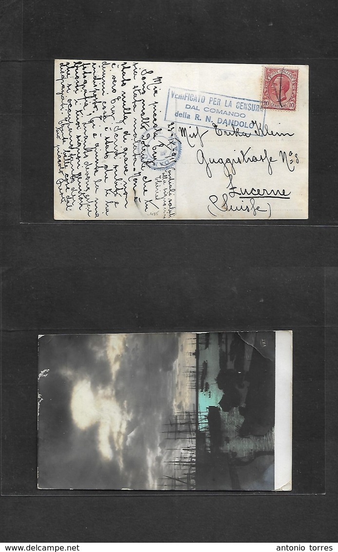 Italy - Xx. 1915 (23 Sept) WWI. Fkd Card Addressed To Switzerland, Luzern. Nave Dondola Cachet + Italian War Ship Censor - Unclassified