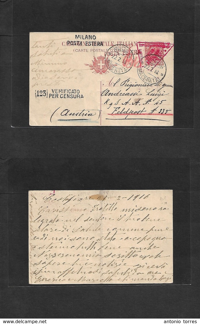 Italy - Xx. 1916 (21-22 Feb) Costafiore, Muccia (Macerata) - Austria WWI POW Mail. 10c Brown Stat Card Dual Censored. Ad - Non Classés