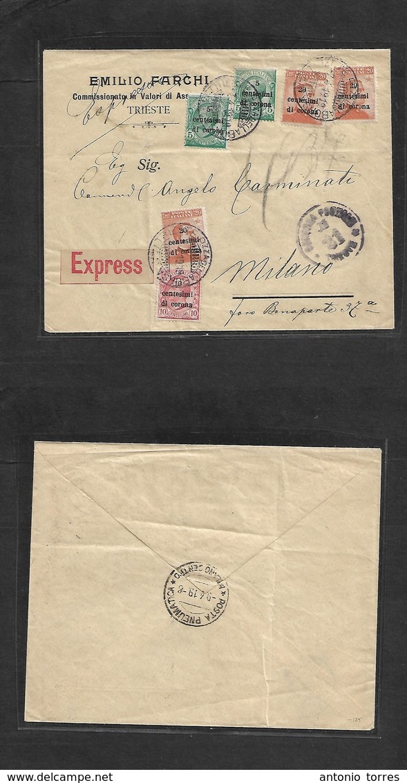 Italy - Xx. 1919 (7 April) Triest. Ovptd Issue. Express Mail Multifkd Envelope To Milano, Red Label + Censor Cachet. VF  - Sin Clasificación