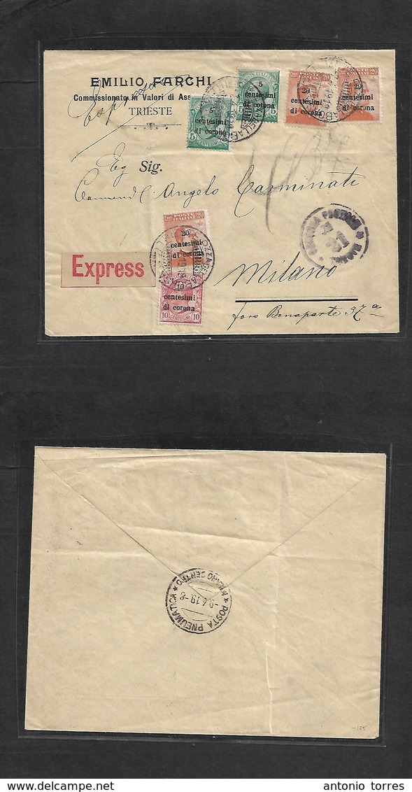 Italy - Xx. 1919 (7 April) Triest. Ovptd Issue. Express Mail Multifkd Envelope To Milano, Red Label + Censor Cachet. VF  - Zonder Classificatie