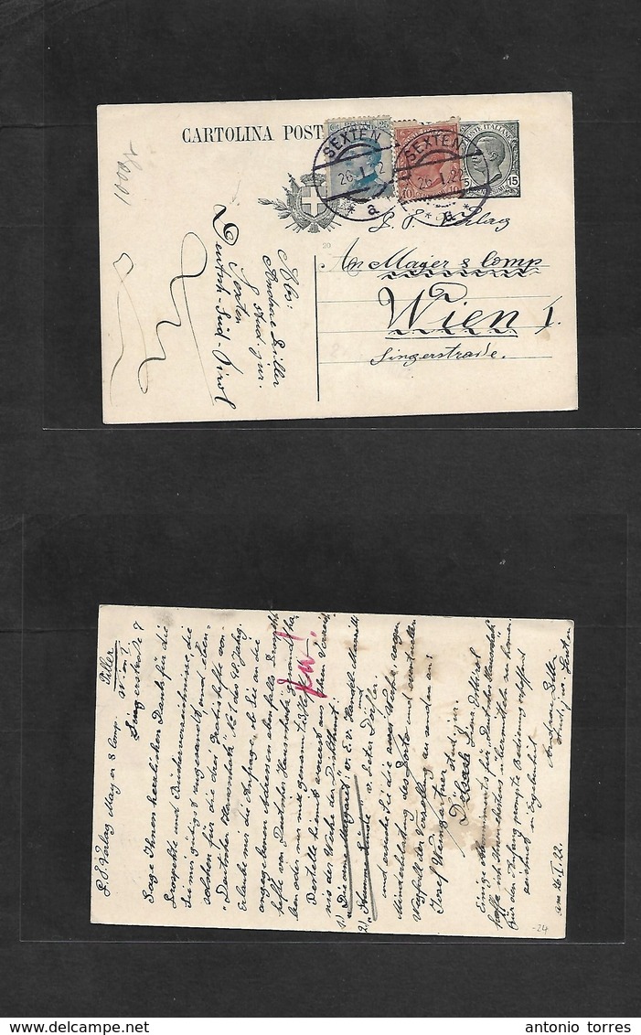 Italy - Stationery. 1922 (26 Jan) Austrian - German, Tirol. Sexten - Wien, 15c Green Stat Card + 2 Adtl, Tied Cds. Nice  - Non Classés