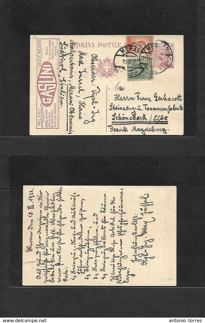 Italy - Stationery. 1922 (19 June) MERAN - Schonebeck, Germany. 25c Lilac King Stat Card + 2 Adtls "GASLIN" Illustrated  - Unclassified