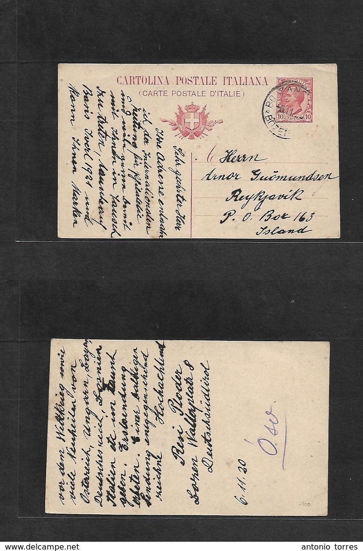 Italy - Stationery. 1923 (6 Nov) Bonzano, Tirol - ICELAND, Reykjavik 10c Stat Card. Rare Destination Usage. - Unclassified