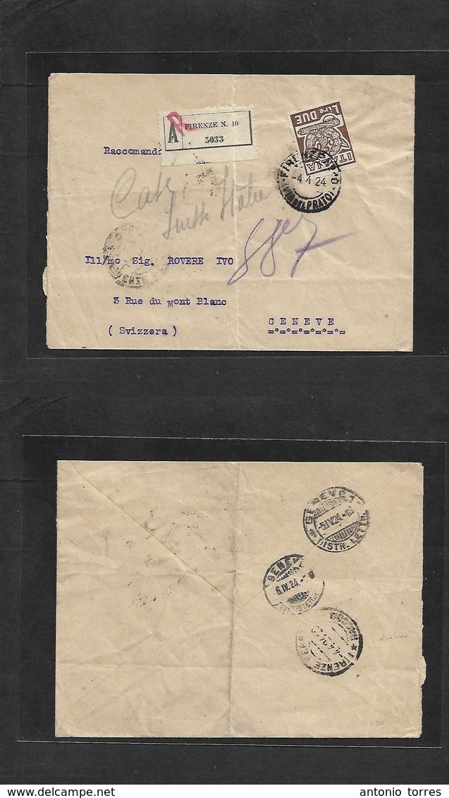 Italy - Xx. 1924 (4 April) Firenze - Switzerland, Geneve (6 Apr) Registered Single 2 Lire Fkd Env. VF. - Non Classés
