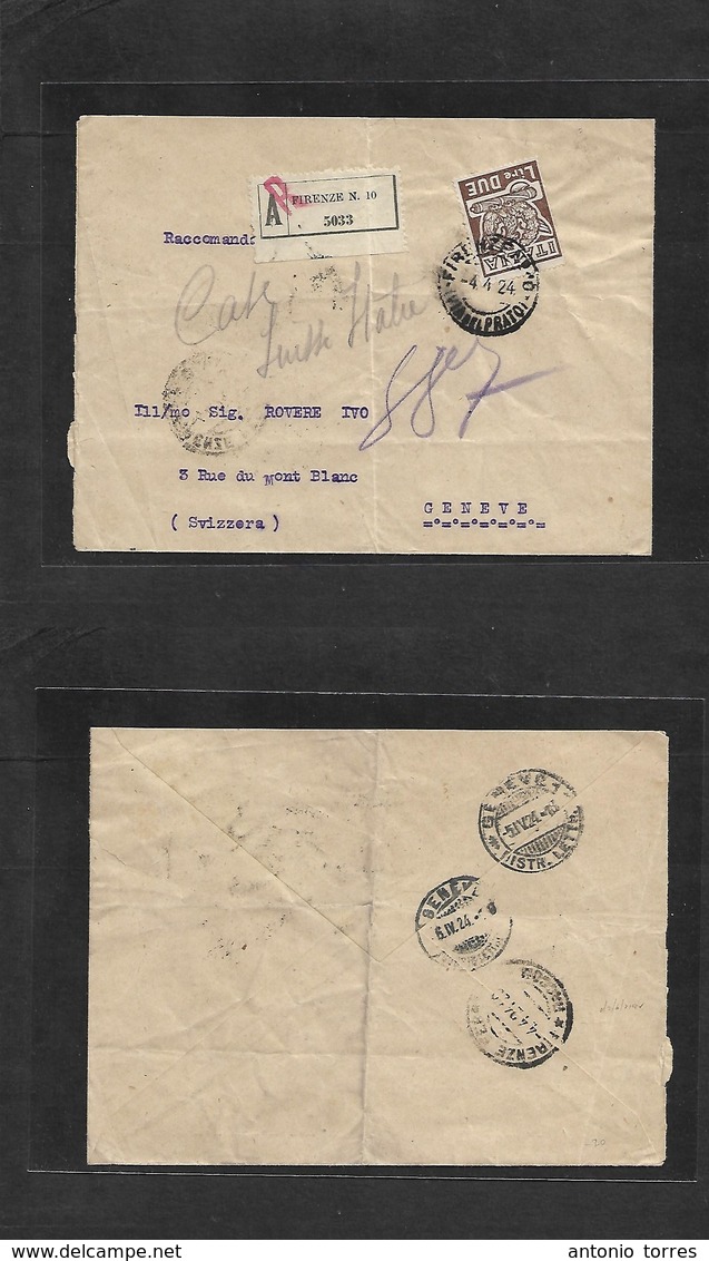 Italy - Xx. 1924 (4 April) Firenze - Switzerland, Geneve (6 Apr) Registered Single 2 Lire Fkd Env. VF. - Zonder Classificatie