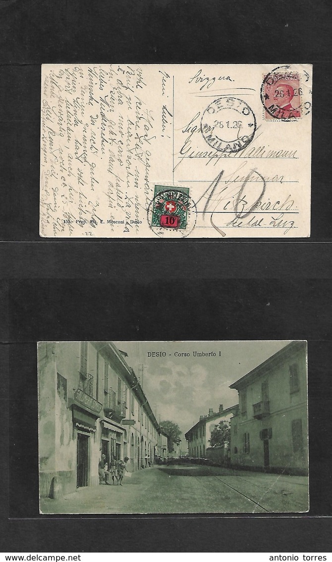 Italy - Xx. 1926 (28 Jan) Desio, Milano - Switzerland, Hitzkirch (29 Jan) Fkd Ppc + Taxed + Swiss Postage Due 10c Tied A - Non Classés