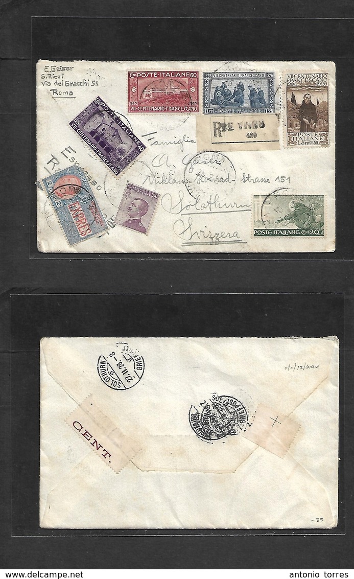 Italy - Xx. 1926 (Febr) Roma - Switzerland, Solothhurn (27 Feb) 7th Cent Franciscani. Registered Multifkd Envelope +  Ki - Zonder Classificatie