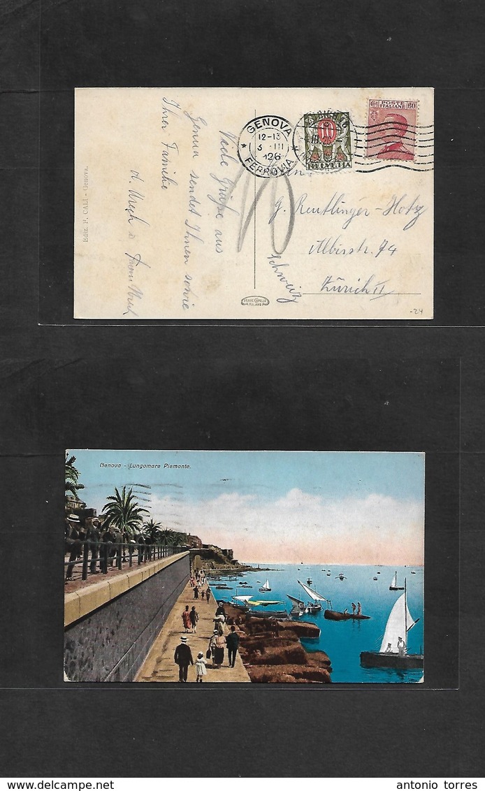 Italy - Xx. 1926 (3 March) Genova - Switzerland, Zurich (4 March) Fkd Ppc + Taxed, Swiss P. Due, Tied Cds. VF Quality. - Unclassified