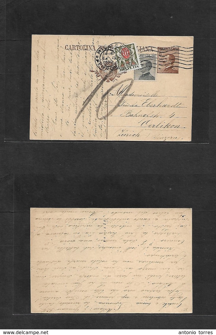 Italy - Stationery. 1927 (7 Jan) Milano - Switzerland, Oeerlikon. 40c Brown Stat Card + Adtl + Taxed + Airmail Swiss Pos - Unclassified