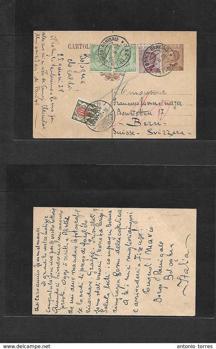 Italy - Stationery. 1928 (26 June) Borgo Panigale - Switzerland, Bern (27 June) 30c Brown King Issue Stat Card + 3 Adtls - Non Classés