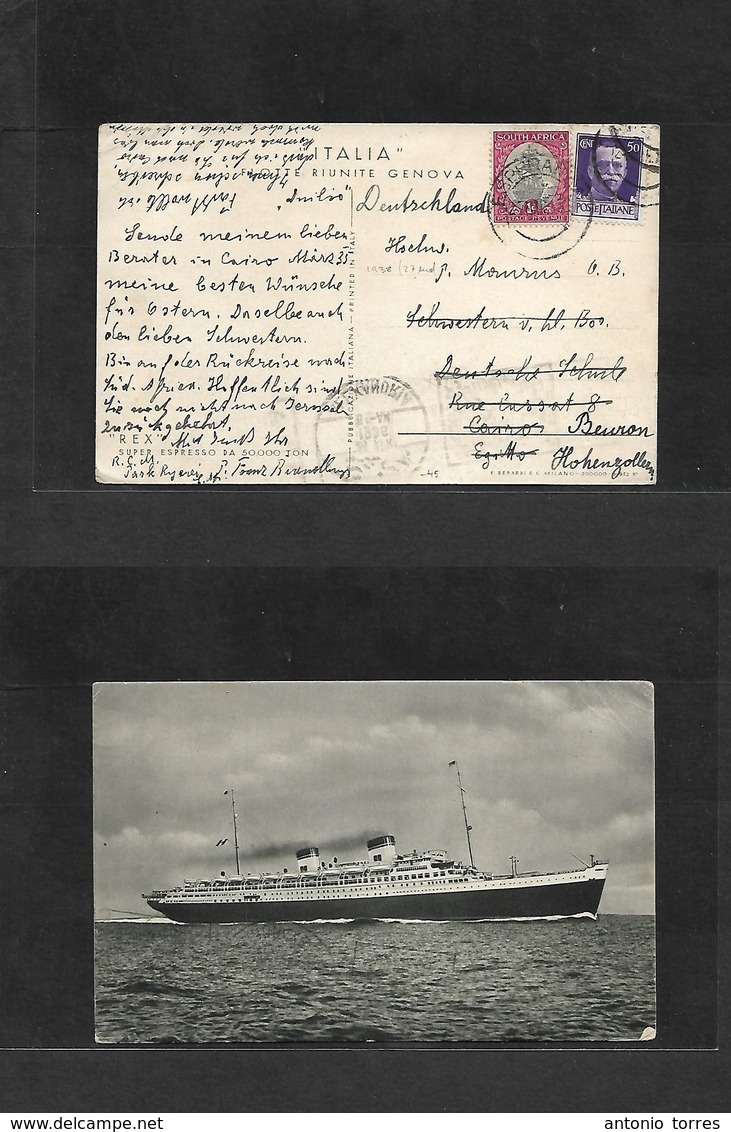 Italy - Xx. 1938 (25 March) On Board Italian Ship - Egypt, Cairo, Fwded Beuron, Germany. Fkd Ppc + Fwded King Manuel + S - Zonder Classificatie