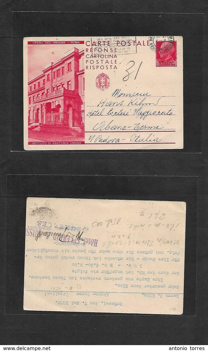 Italy - Stationery. 1938 (7 May) REPLY Half Stationary Card. Proper Usage. Belgium, Brussels - Italy, Abano Terme. 75c R - Non Classés