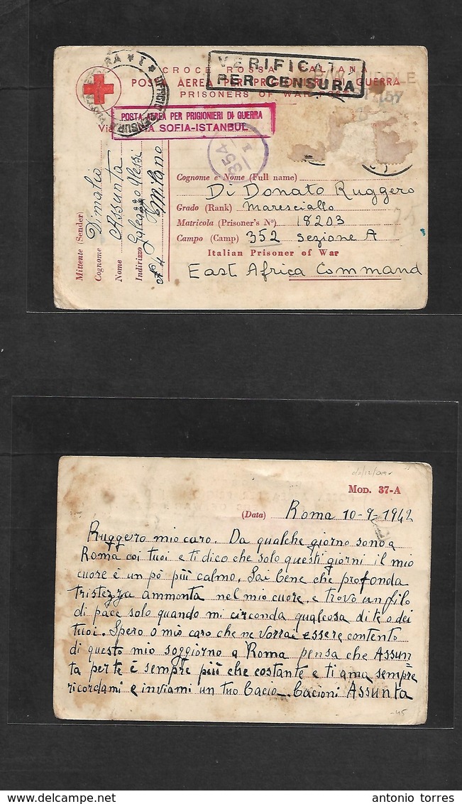 Italy - Xx. 1942 (10 Sept) POW WWII Mail. Roma - East Africa British Command. Red Cross Card + Censor Dual Cachets + Sta - Unclassified