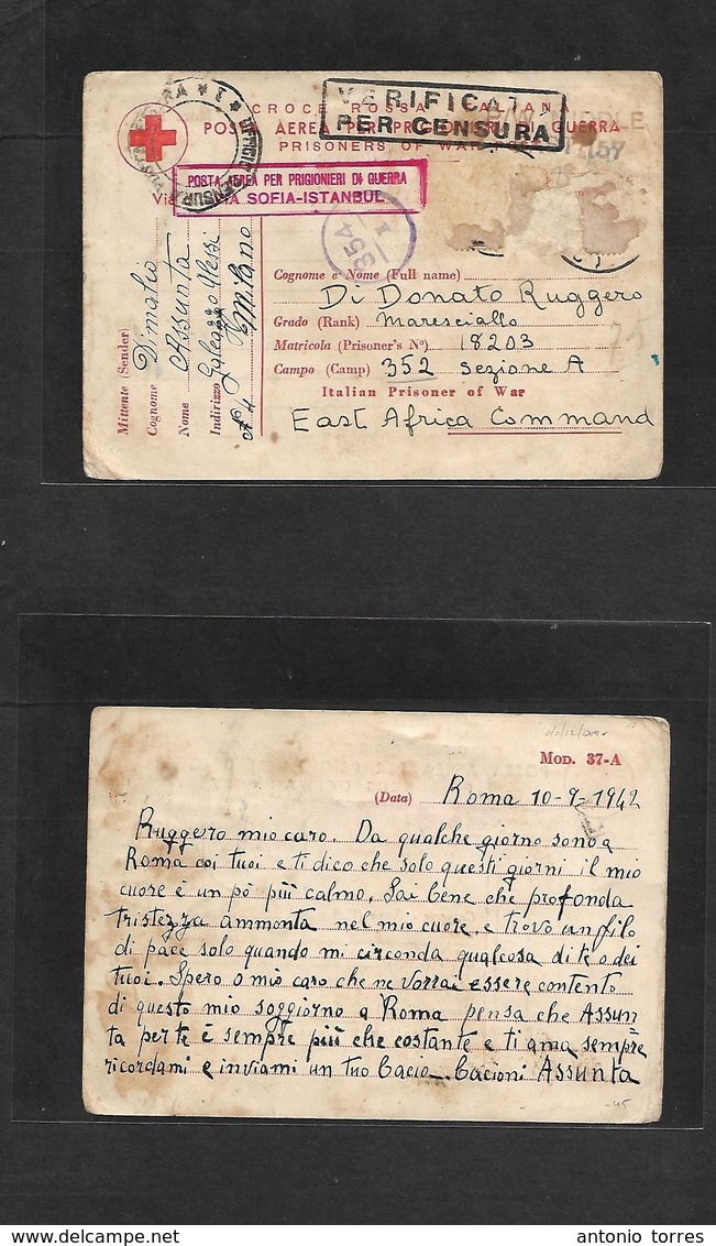 Italy - Xx. 1942 (10 Sept) POW WWII Mail. Roma - East Africa British Command. Red Cross Card + Censor Dual Cachets + Sta - Zonder Classificatie