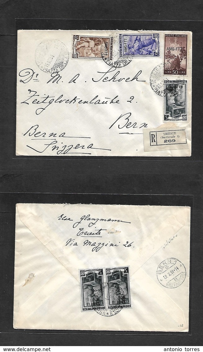 Italy - Xx. 1951 (18 Oct) AMG - FTT. Triest, Borza - Switzerland, Bern (19 Oct). Registered Multifkd F+R Envelope. - Non Classés