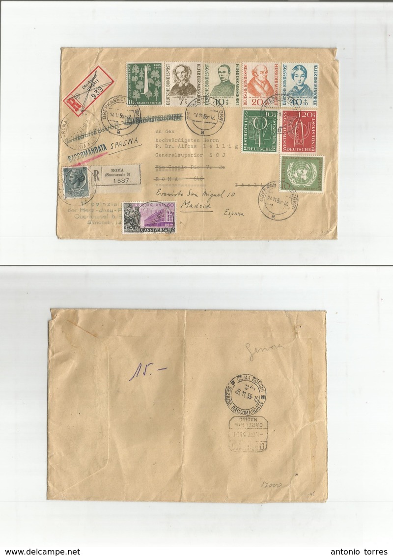 Italy - Xx. 1955 (24 Nov) Germany, Oberkassel - Roma - Madrid, Spain (1 Dec) Registered Multifkd Envelope. Fine Modern M - Unclassified
