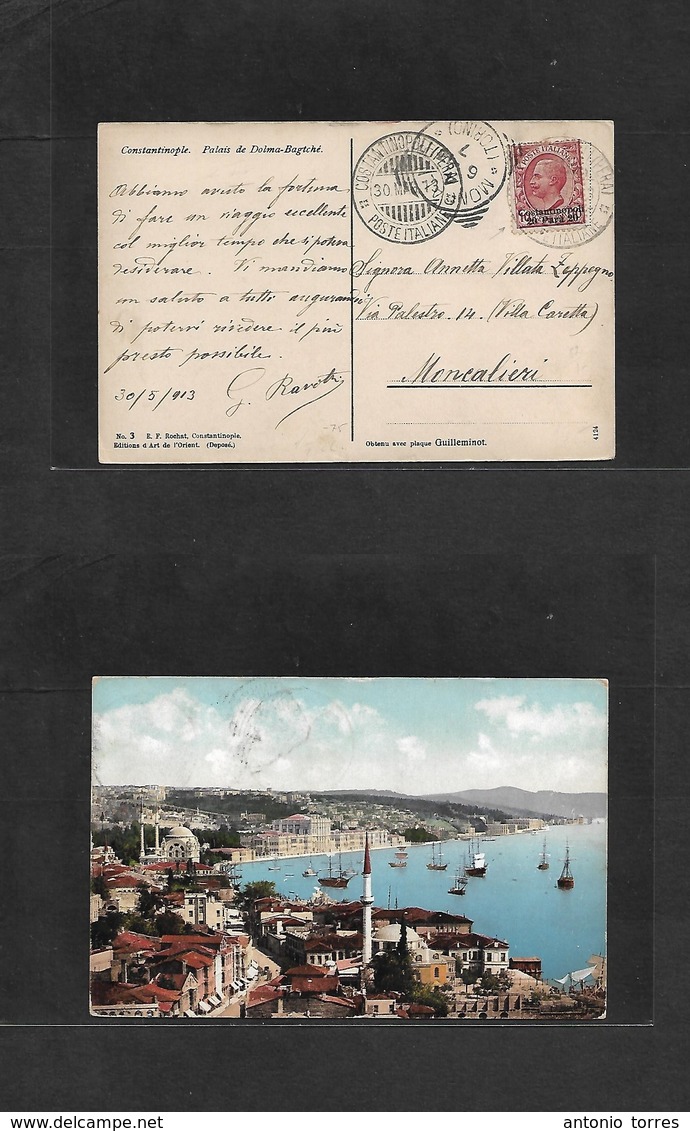Italian Levant. 1913 (30 March) Constantinople - Moncalari, Italy (4 June) Small Ovptd Issue, 20 Para Red Fkd Ppc. Scarc - Non Classés