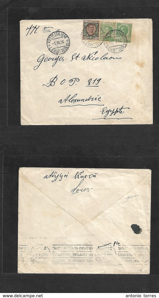 Italian Colonies. 1926 (5 Oct) EGEO, Lero - Egypt, Alexandrie (8 Oct) Multifkd Envelope. King Mixed Issues, Cds. VF + Be - Non Classés