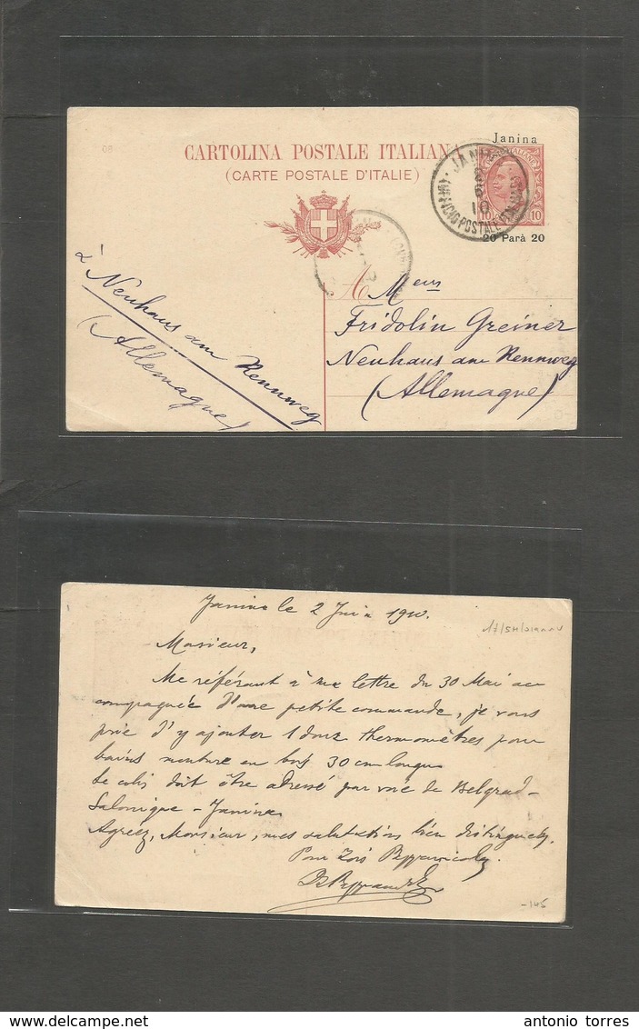 Italian Colonies. 1910 (2 June) Janina (Greece) - Germany Neuberg 20 Per Ovptd Stat Card, Cds. Fine Scarce Comercial Usa - Unclassified