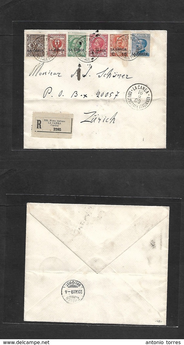 Italian Colonies. 1909 (16 Sept) La Canea. Candia - Zürich, Switzerland (23 Sept) Registered Multifkd Envelope, Ovptd Ki - Ohne Zuordnung