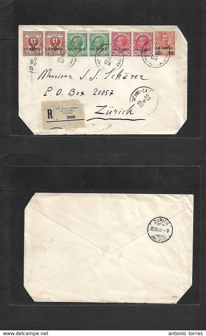 Italian Colonies. 1909 (23 Sept) La Canea. Candia - Zürich, Switzerland (30 Sept) Registered Multifkd Envelope King Issu - Zonder Classificatie