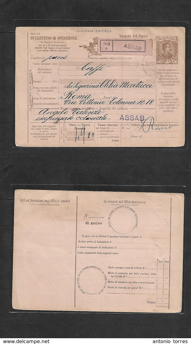 Italian Colonies. 1909 (16 May) ERITREA. Assab - Roma, Italy. Ovptd Package Stationary Card + Pmk Registration Label, Cd - Unclassified