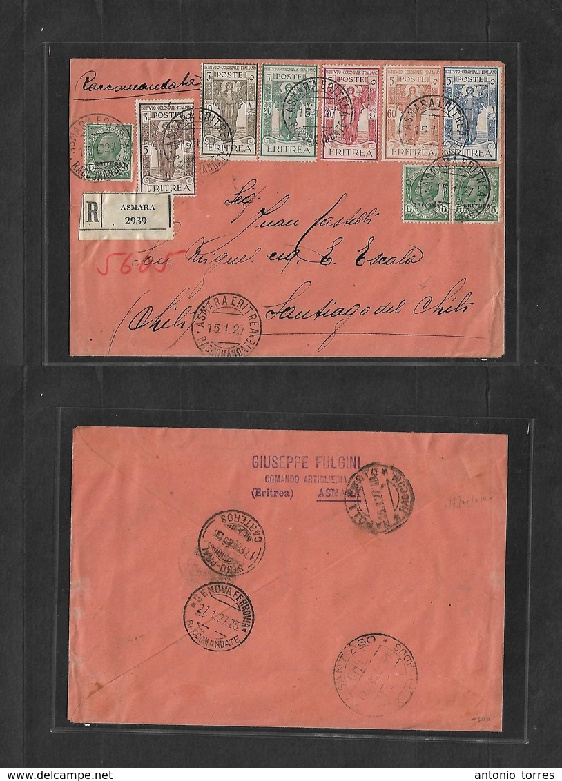 Italian Colonies. 1927 (15 Jan) Eritrea, Asmara - Chile, Santiago, South America, Pacific Coast (17 Feb). Registered Mul - Non Classés
