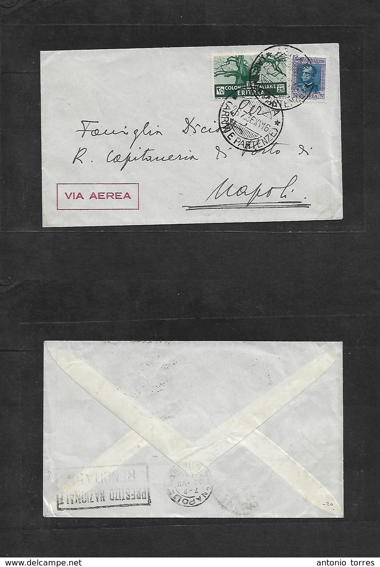 Italian Colonies. 1936 (26 July) ERITREA. Asmara - Napoli, Italy (30 July) Air Multifkd Envelope, Mixed Issues. Fine. Ar - Unclassified