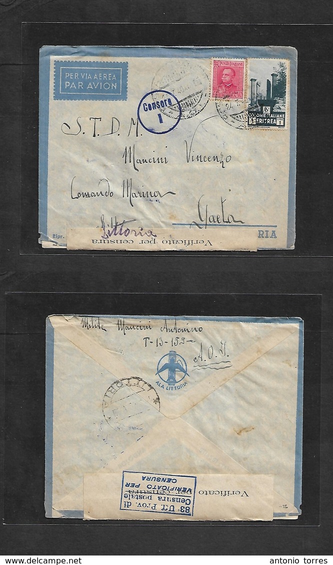 Italian Colonies. 1940 (24 July) ERITREA. Military Station / AOI. Air Multifkd Censor Envelope, Addressed To Gaeta With  - Unclassified