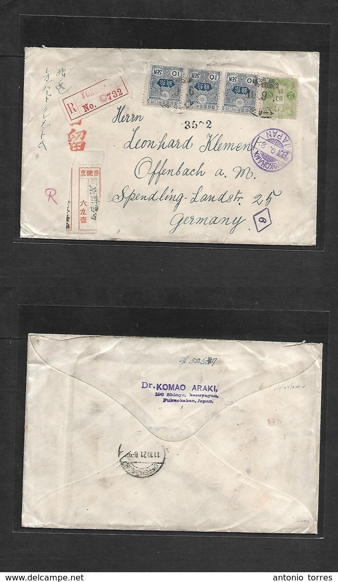 Japan. 1921 (8 Sept) Fukuokaken - Germany (11 Oct) Registered Multifkd Envelope Via Yokohama (x2) R-labels + Diff Cachet - Otros & Sin Clasificación