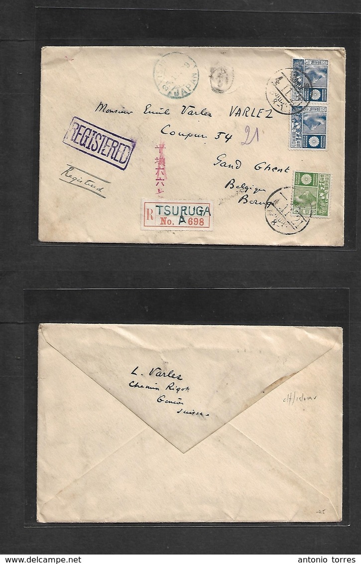 Japan. 1929 (4 Nov) Registered Multifkd Envelope To Belgium, Gand Via Tsuruga (24 Nov) R-cachet + Label. Fine. - Andere & Zonder Classificatie
