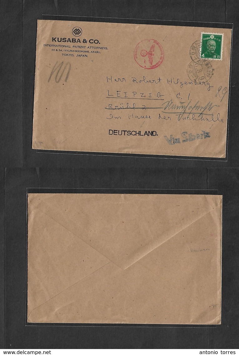 Japan. 1940 (15 Aug) WWII, Tokyo - Germany, Leipzig. Fkd Pm Rate Unsealed Envelope With Cachet Blue "Via Siberia" VF + N - Andere & Zonder Classificatie