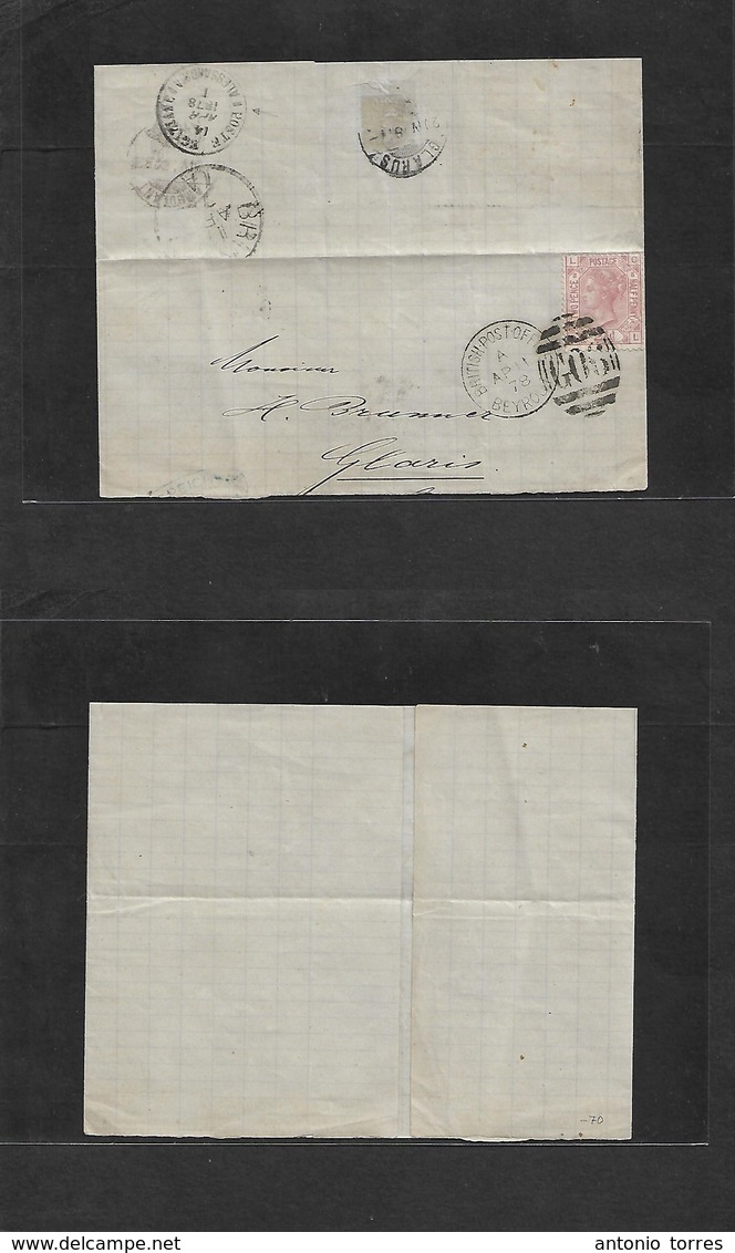 Lebanon. 1878 (Ap 11) British Post Office. Beyrouth - Switzerland, Glaris (20 April) Part Cover + Reverse Fkd GB 2 1/2 L - Liban