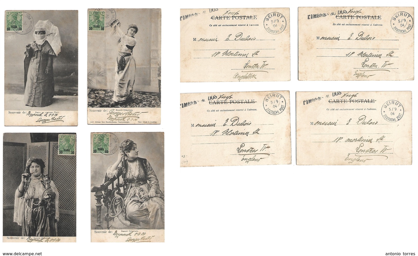 Lebanon. 1904 (5 Sept) German Post Office. Beyrouth - London, UK. 4 Diff Local Ladres Photo Ppc Fkd Cards. 10 Para Germa - Liban