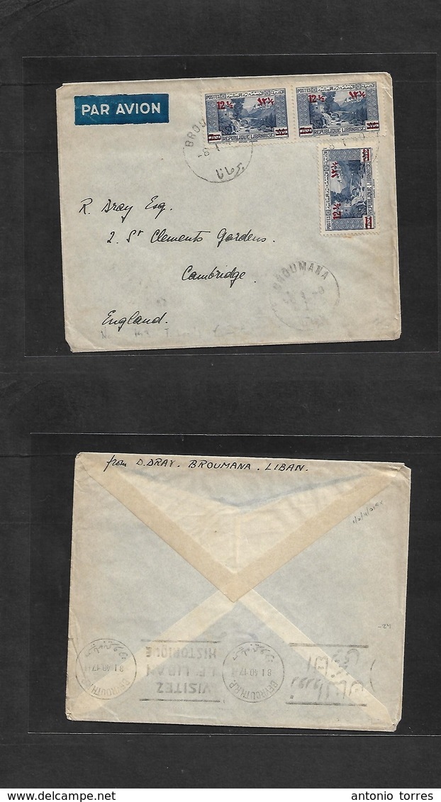 Lebanon. 1940 (8 Jan) Broumana - UK, England, Cambridge. Air Multifkd Envelope, Bilingual Cachet. Via Beyrouth. - Lebanon